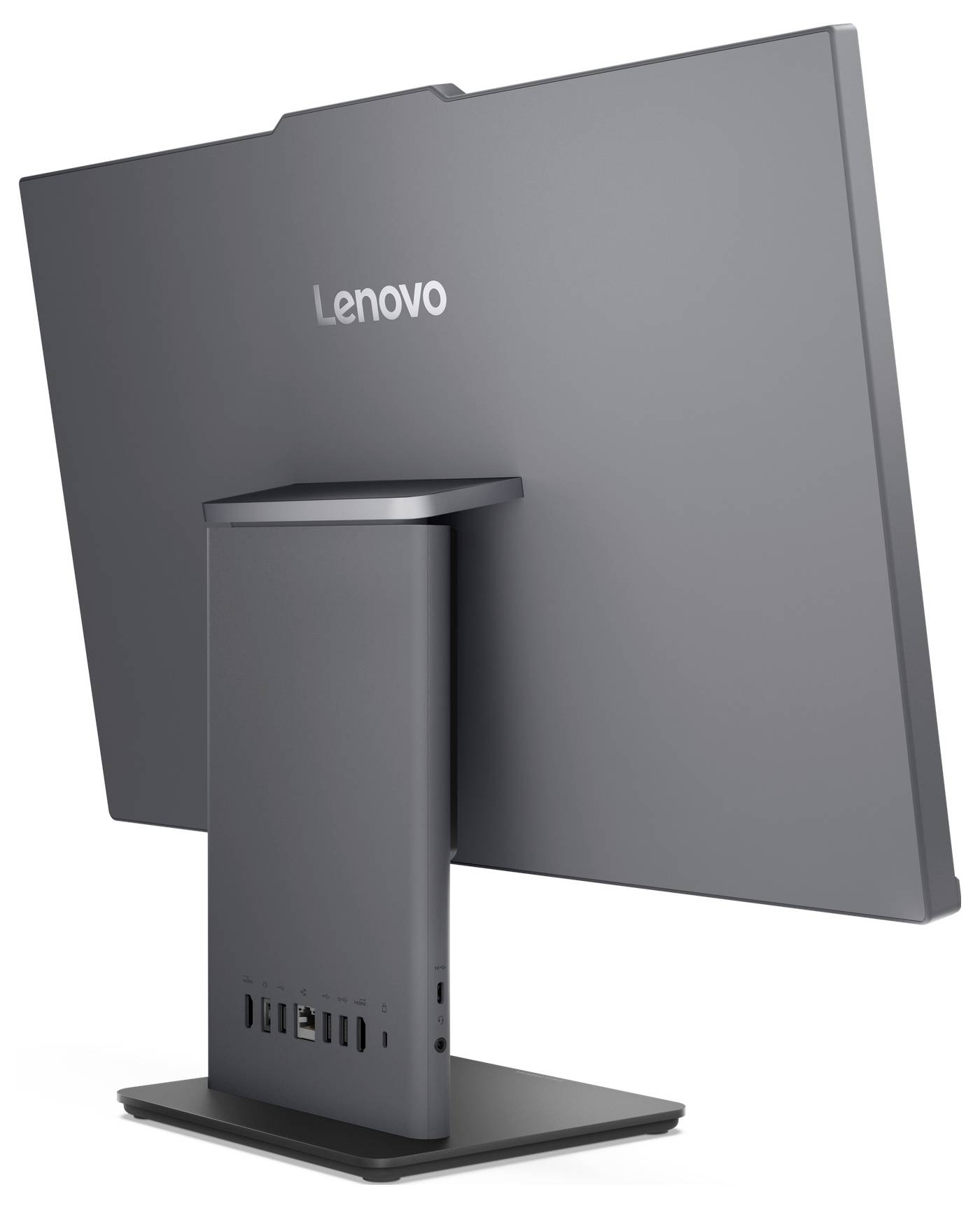 Rückansicht eines Lenovo-Computermonitors, der seinen Ständer und mehrere Anschlüsse am unteren Rand zeigt, einschließlich USB- und Audioverbindungen.