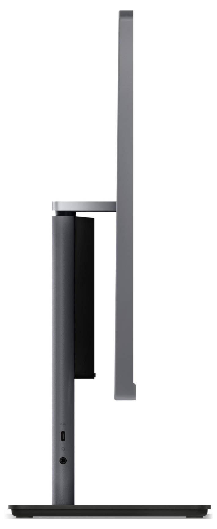 Seitenansicht eines dünnen, modernen Computermonitors mit einem eleganten Ständer und sichtbaren Anschlüssen, der sein schlankes Design präsentiert.