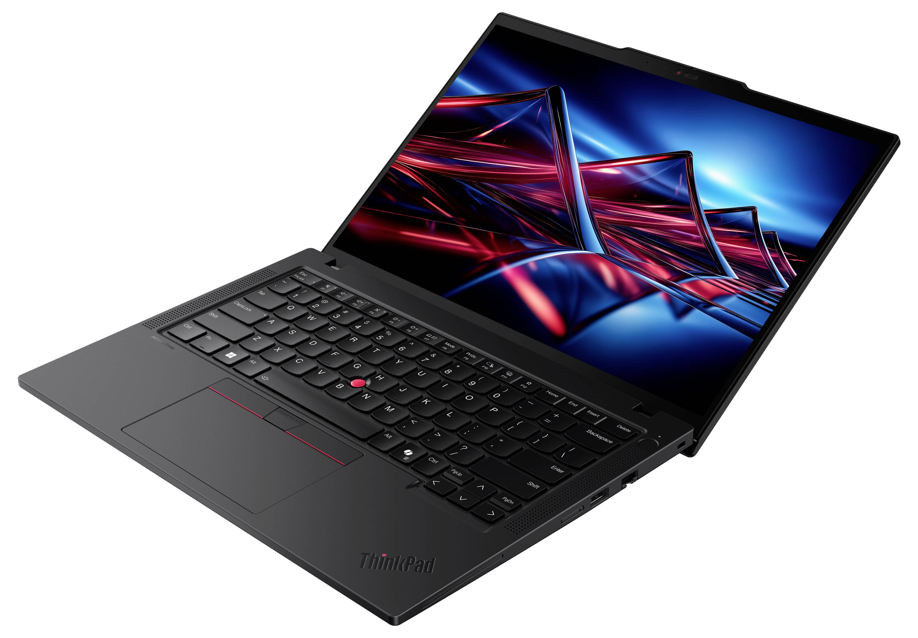 Ein schwarzer Laptop, der abstrakte rote und blaue geometrische Formen auf dem Bildschirm zeigt, vor einem weißen Hintergrund.