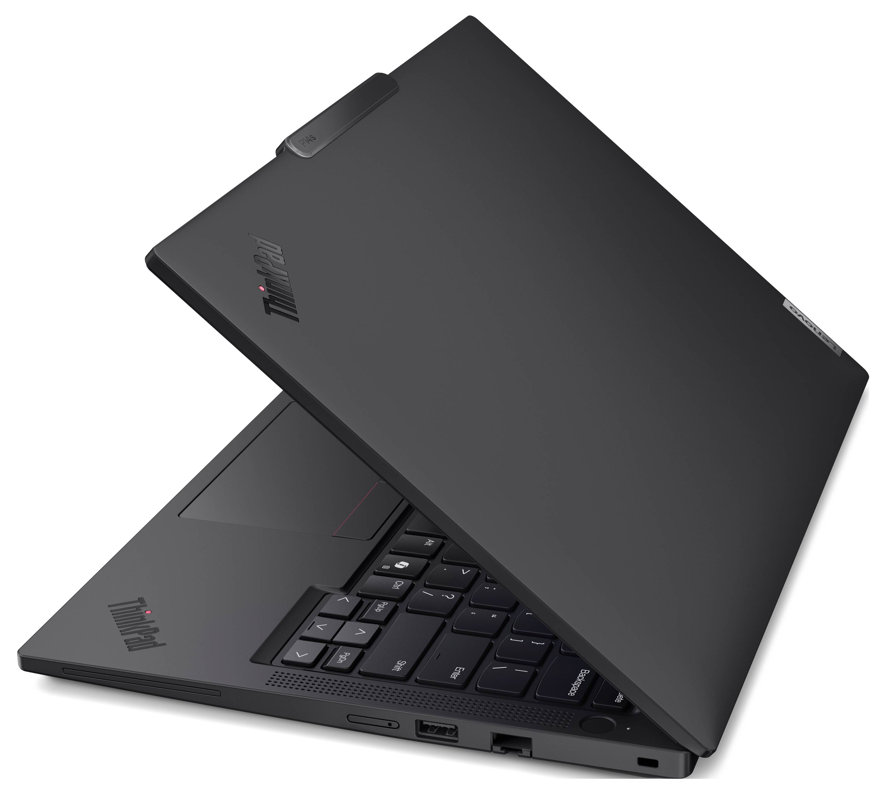 Ein teilweise geöffneter schwarzer Laptop, der leicht schräg angewinkelt ist und Tastatur, Anschlüsse und die Rückseite des Bildschirms mit Logodetails zeigt.