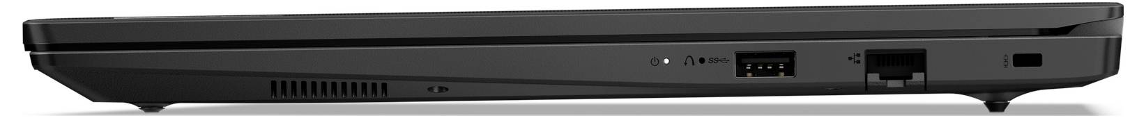 Seitenansicht eines geschlossenen schwarzen Laptops mit Lüftungsschlitz, USB-Anschluss und Netzwerkport.