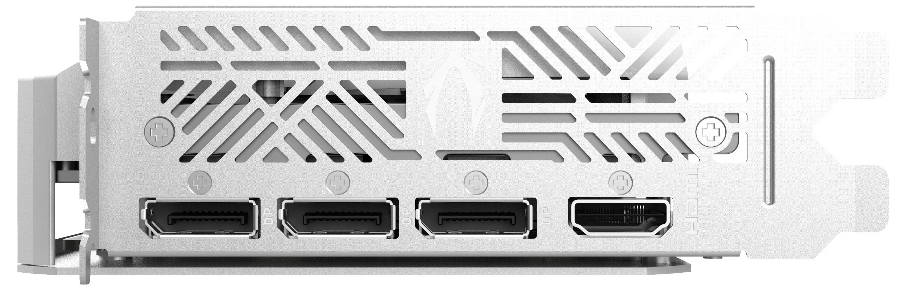 Eine Computergrafikkarte mit Blick auf die Anschlüsse: drei DisplayPort-Ausgänge links und ein HDMI-Ausgang rechts.