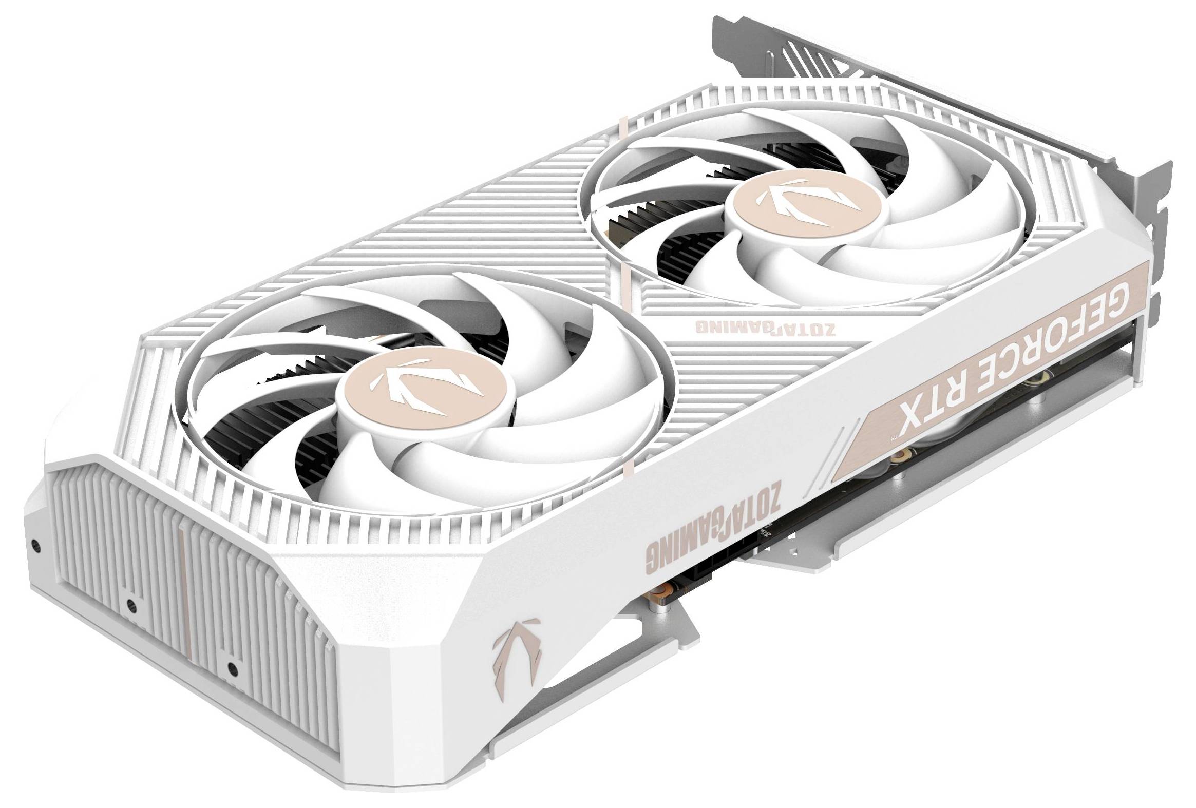 Eine weiße Grafikkarte mit zwei großen Lüftern und der Aufschrift 'GEFORCE RTX' an der Seite, entwickelt für hochleistungsfähige Computeraufgaben.