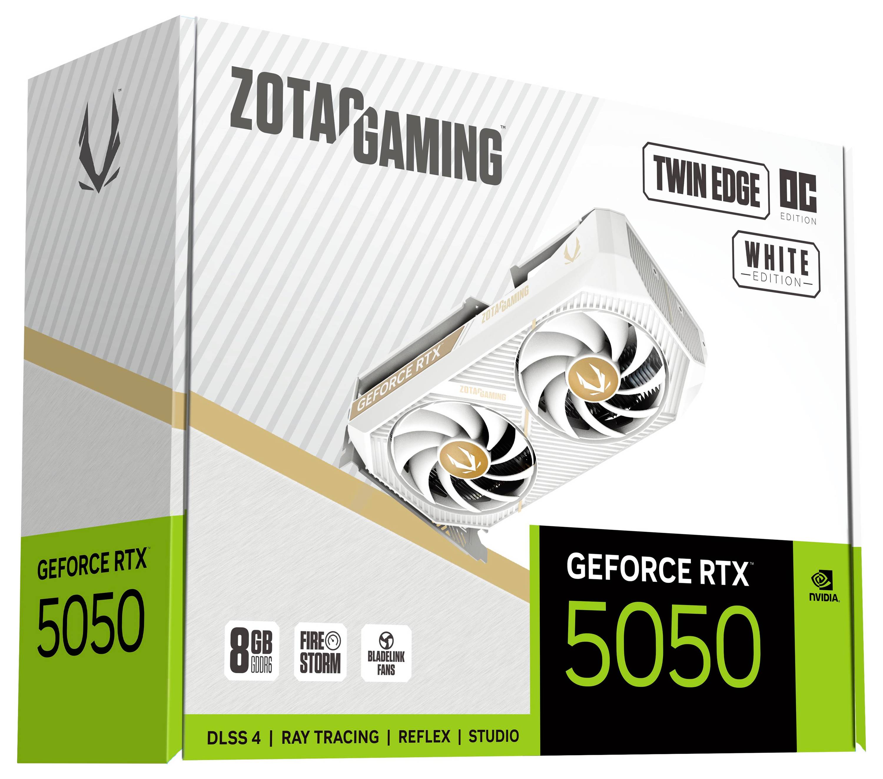 ZOTAC GAMING GeForce RTX 5050 Grafikkarte Verpackung, mit Hervorhebung der Twin Edge OC White Edition, mit DLSS 4, Raytracing, 8 GB Arbeitsspeicher.