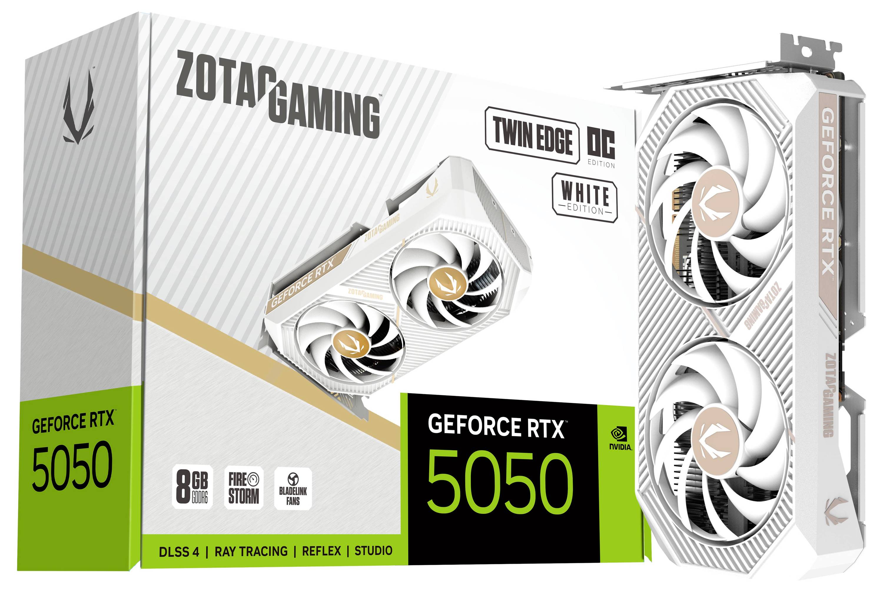 Zotac Gaming GeForce RTX 5050 Twin Edge OC White Edition Grafikkarte mit Dual-Lüftern, neben der passenden Produktverpackung präsentiert.
