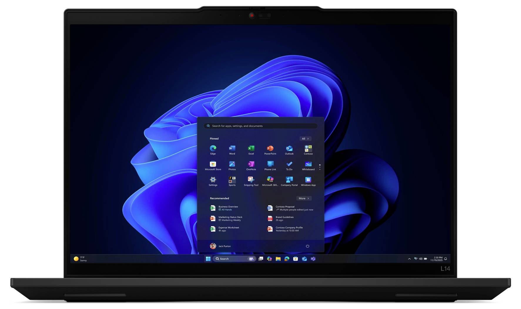 Ein Laptop-Bildschirm, der den Windows-Desktop mit dem geöffneten Startmenü zeigt, der verschiedene Apps und Systemeinstellungen vor einem blauen abstrakten Hintergrund präsentiert.