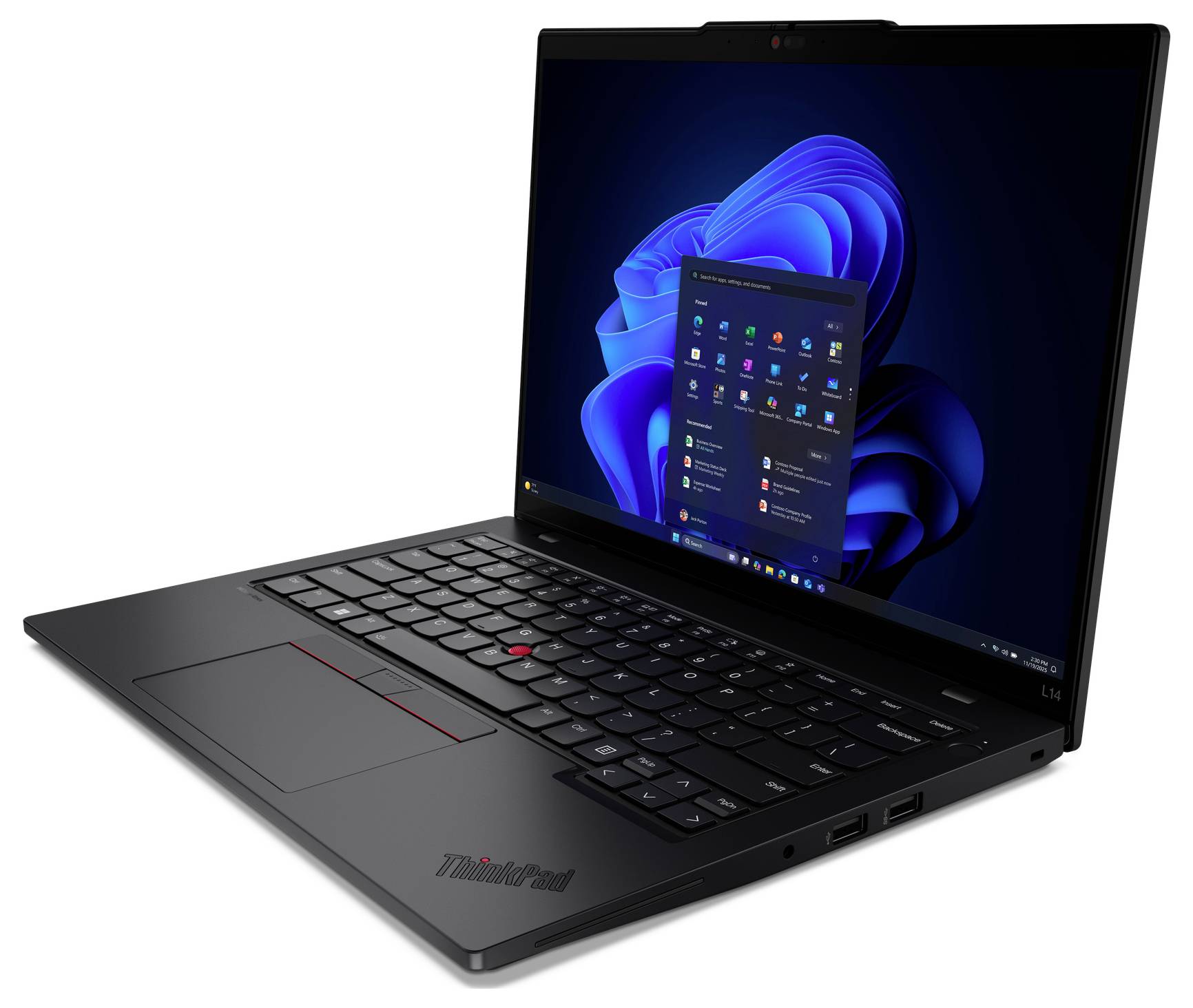 Ein schwarzer Laptop, der den Windows 11 Desktop-Bildschirm mit dem geöffneten Startmenü anzeigt.