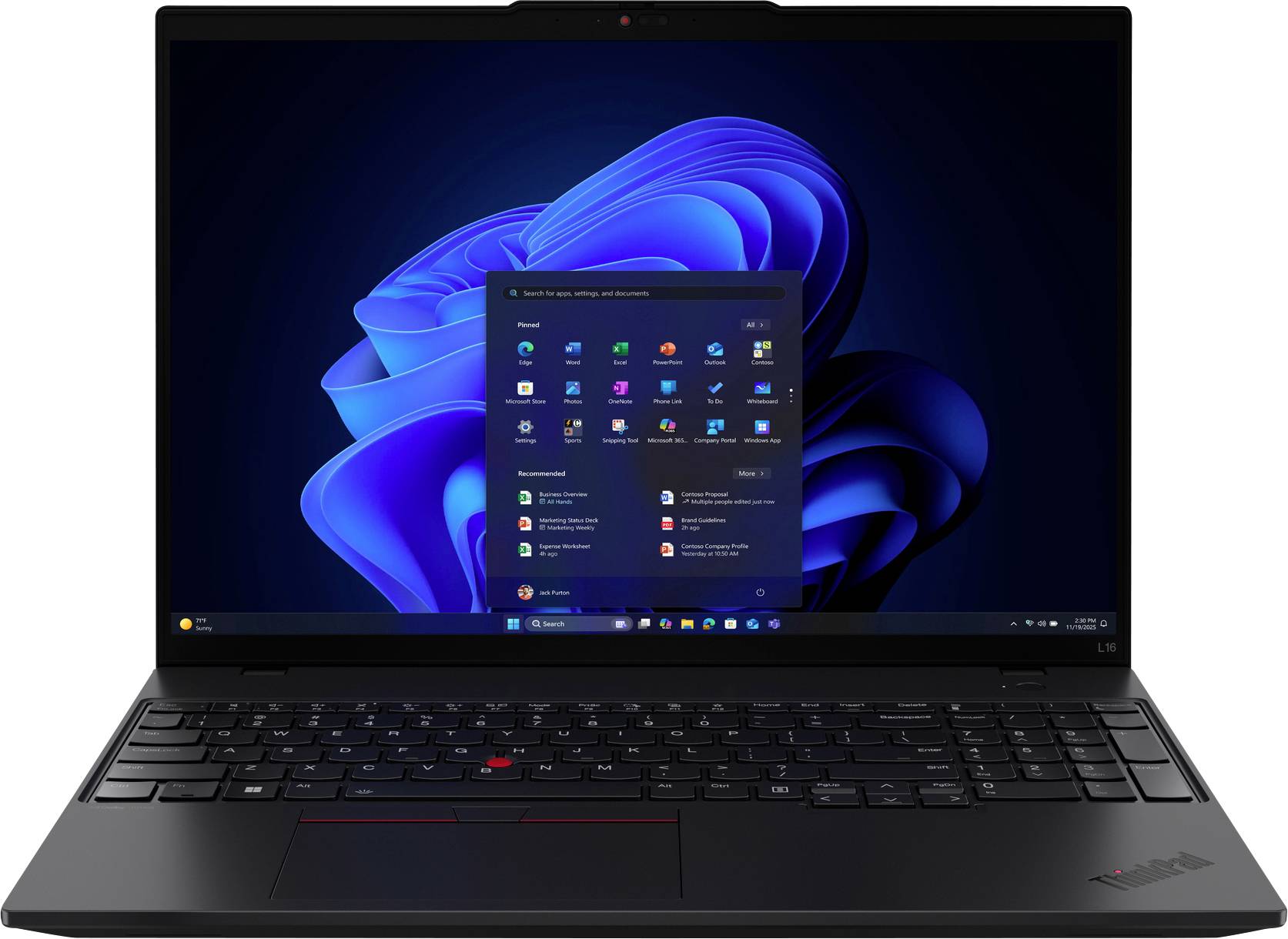 Ein Laptop, der den Startbildschirm des Windows-Betriebssystems mit blauem wirbelndem Hintergrund, App-Symbolen und einem sichtbaren Startmenü zeigt.