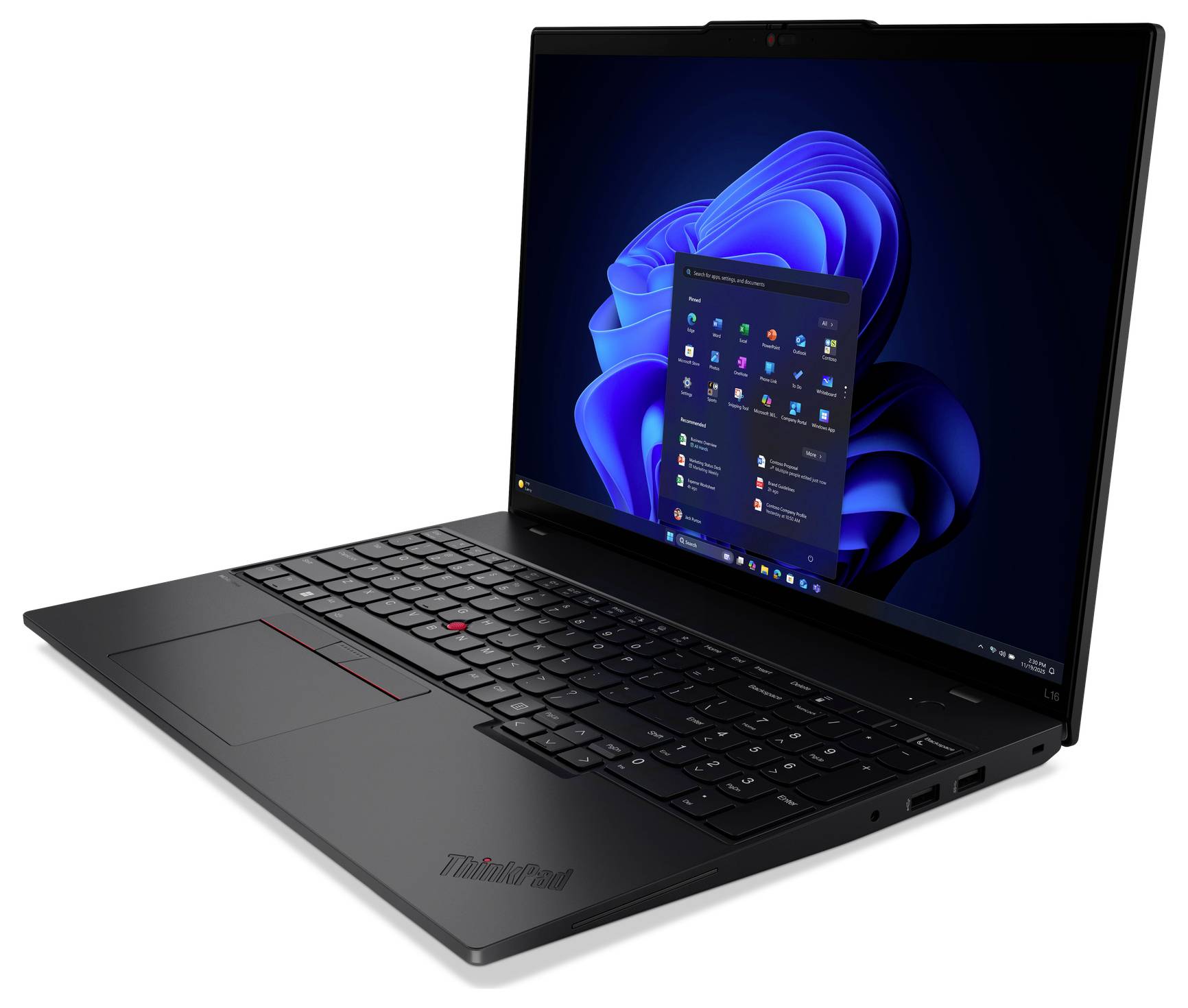 Ein schwarzer Laptop, der einen Windows-Desktop-Bildschirm mit einem blauen Wirbel-Hintergrund und geöffnetem Startmenü zeigt.