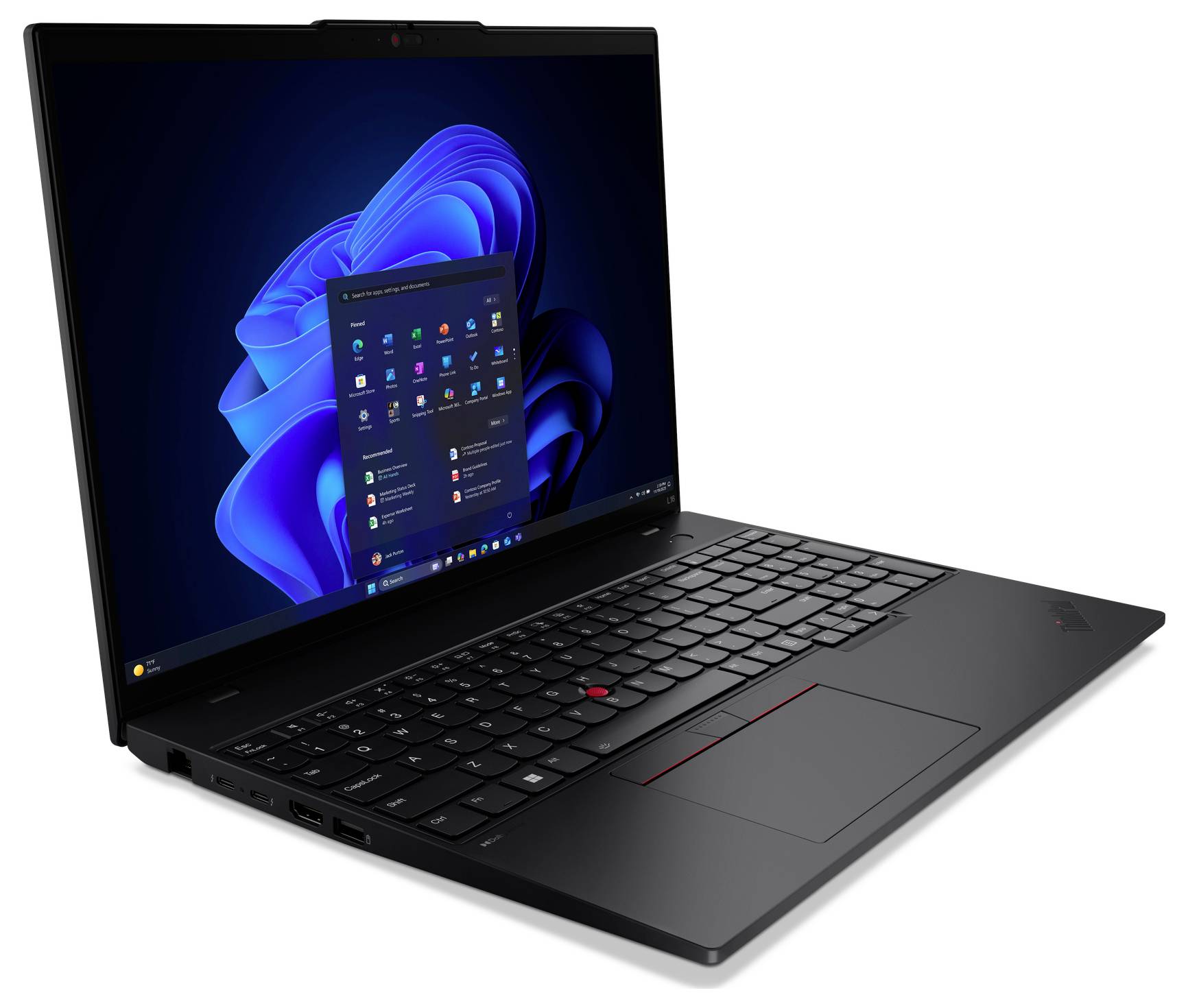 Ein schlankes schwarzes Laptop, das einen Windows 11 Desktop-Bildschirm mit Anwendungssymbolen zeigt.