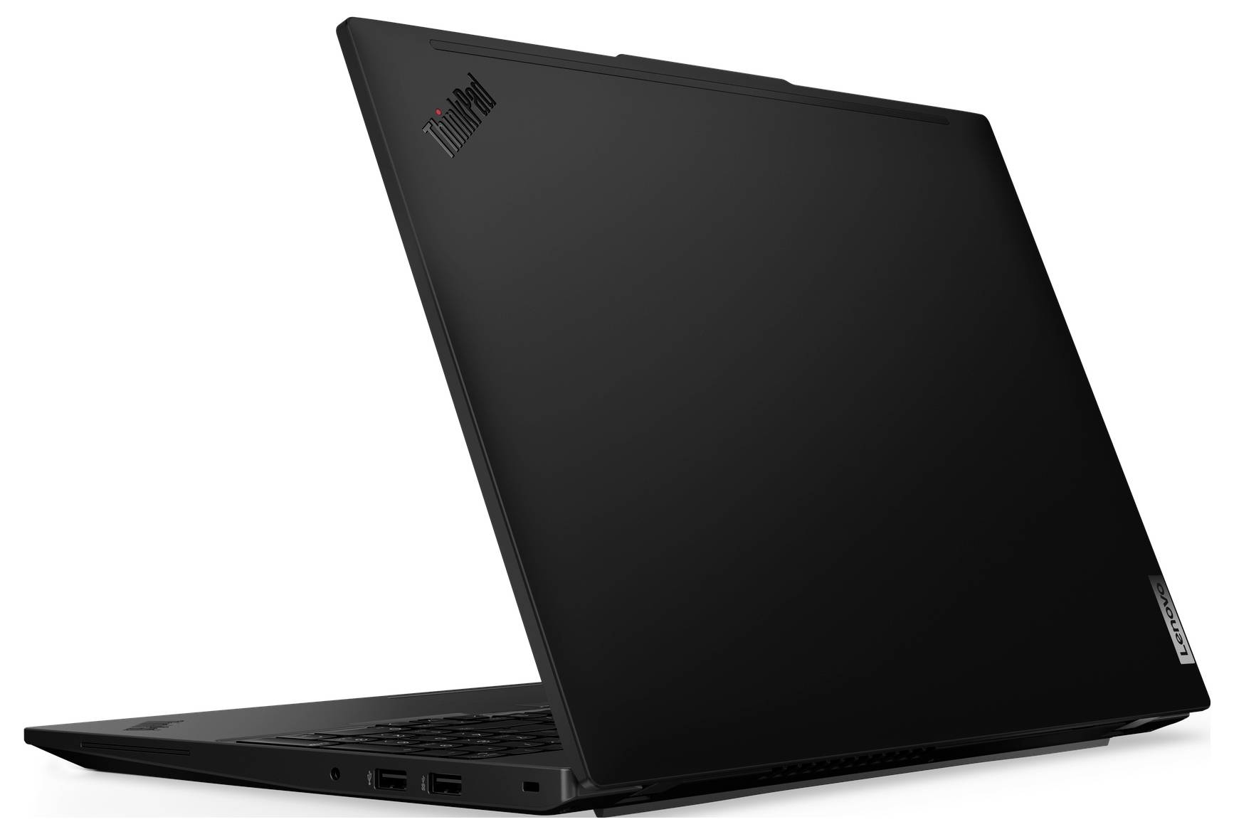 Ein schwarzer Laptop, teilweise geöffnet, mit sichtbaren Anschlüssen an der linken Seite, auf einem schlichten weißen Hintergrund.
