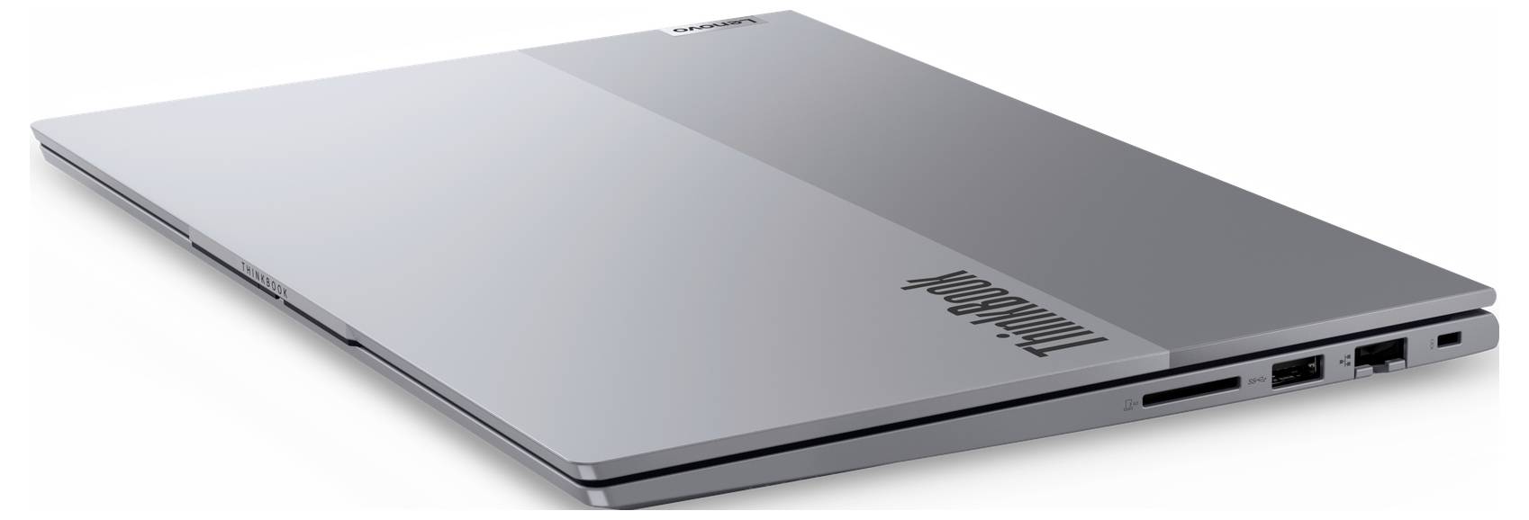 Geschlossener Lenovo ThinkBook Laptop, der sein schlankes, modernes Design präsentiert, mit dem Markenlogo auf dem Deckel, was seine Mobilität unterstreicht.