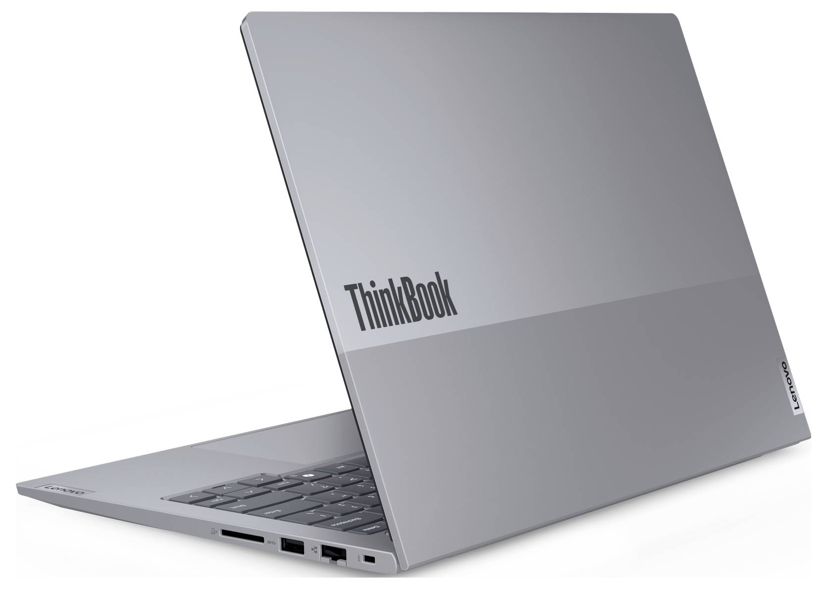 Schlanker silberner Laptop mit 'ThinkBook'-Branding, halb geschlossen, Tastatur sichtbar, mehrere Anschlüsse an der Seite und minimalistisches Design.