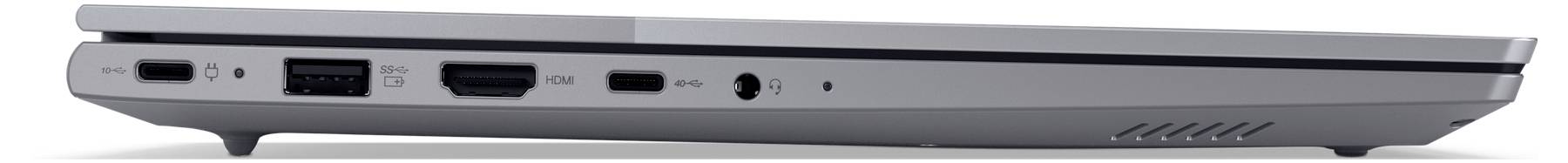 Das Bild zeigt die Seitenansicht eines geschlossenen Laptops mit verschiedenen Anschlüssen wie USB, HDMI und Kopfhörerbuchse.