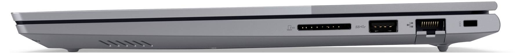Laptop-Seitenansicht mit Anschlüssen: SD-Kartensteckplatz, zwei USB-Anschlüssen und einem Ethernet-Anschluss.