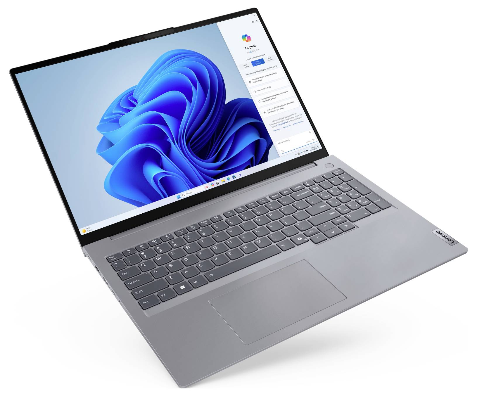 Ein schlanker, moderner silberner Laptop mit einem sichtbaren Bildschirm, der einen bunten abstrakten Hintergrund und eine Benutzeroberfläche auf der rechten Seite zeigt.