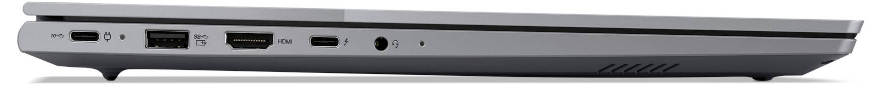 Laptop-Seitenansicht mit Anschlüssen wie USB, HDMI, Kopfhörerbuchse und einem Lüftungsgitter, vor einem einfarbigen Hintergrund.