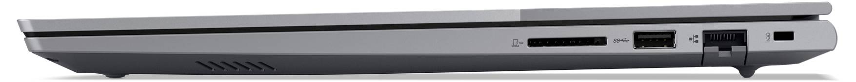 Eine Seitenansicht eines geschlossenen grauen Laptops, der verschiedene Anschlüsse wie USB, Ethernet und HDMI auf einem weißen Hintergrund zeigt.