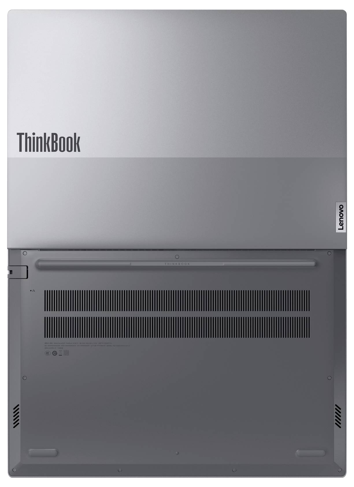Rückansicht eines geschlossenen silbernen Laptops mit 'ThinkBook'-Branding und Lüftungsschlitzen, die das elegante Design und technische Details betonen.