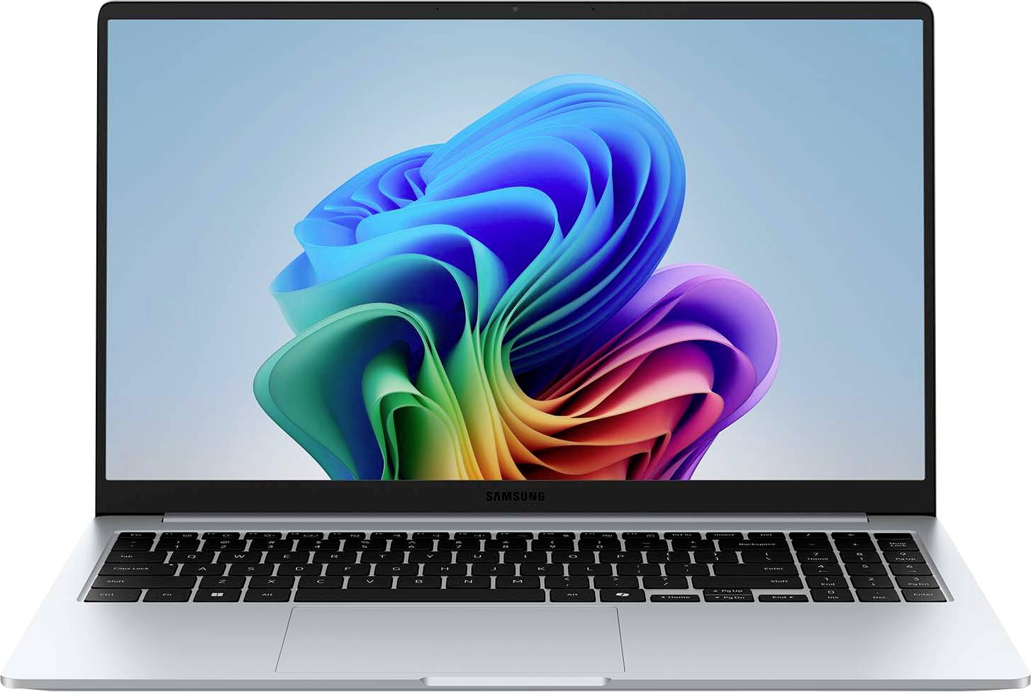 Ein schlankes Laptop, das ein farbenfrohes abstraktes digitales Kunstwerk auf seinem Bildschirm zeigt und damit ein modernes und lebendiges Design andeutet.