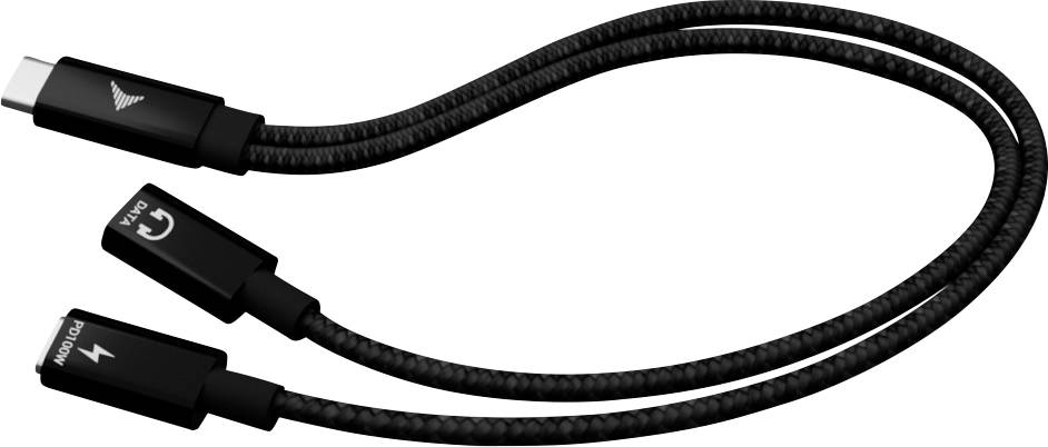 Ein geflochtenes Ladekabel mit einem USB-C-Anschluss, der sich in zwei Kabel teilt, beschriftet mit ‚HDMI' und ‚PD/Charge', was eine Doppelfunktionalität anzeigt.