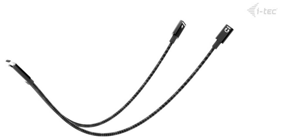 Ein geflochtenes Kabel mit Doppelsteckern, mit i-tec beschriftet, für vielseitige Konnektivität konzipiert.