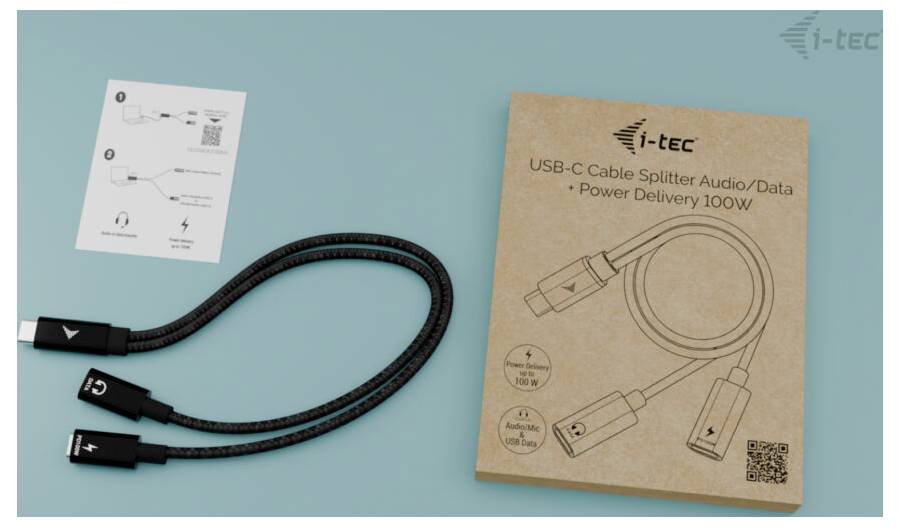 USB-C Kabel Verteiler Audio/Daten - Power Delivery 100W<br><br>[Diagramm zeigt Verkabelung und Anschlüsse]<br><br>Zwei schwarze Kabel<br>Installationsanleitung:<br>1. Geräte anschließen<br>2. Kompatibilität prüfen<br>3. Sicheren Sitz der Stecker kontrollieren