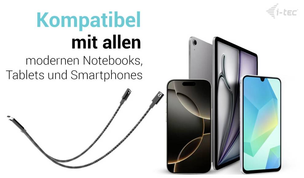 Flexibles Kabel mit Betonung der Kompatibilität mit modernen Notebooks, Tablets und Smartphones.