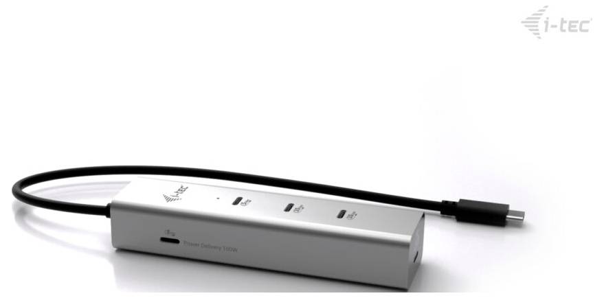Ein schlanker i-tec USB-C-Multiport-Hub mit verschiedenen Anschlüssen, einschließlich HDMI- und USB-Anschlüssen, dargestellt mit einem schwarzen Kabel.