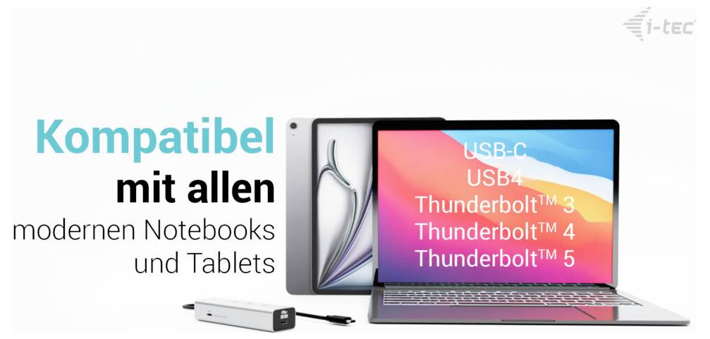 Laptops und Tablets mit Text: Kompatibel mit allen modernen Notebooks und Tablets. Im Fokus: USB-C, USB4, Thunderbolt 3, 4, 5.