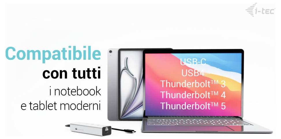 Dockingstation kompatibel mit modernen Notebooks und Tablets, unterstützt USB-C, USB4, Thunderbolt™ 3, 4, 5. Bild zeigt einen Laptop und ein Tablet.