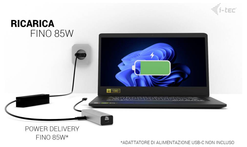 'LADEN BIS ZU 85W' Laptop-Ladegerät von der Wand, das die schnelle Ladefähigkeit mit 'POWER DELIVERY BIS ZU 85W*' präsentiert.