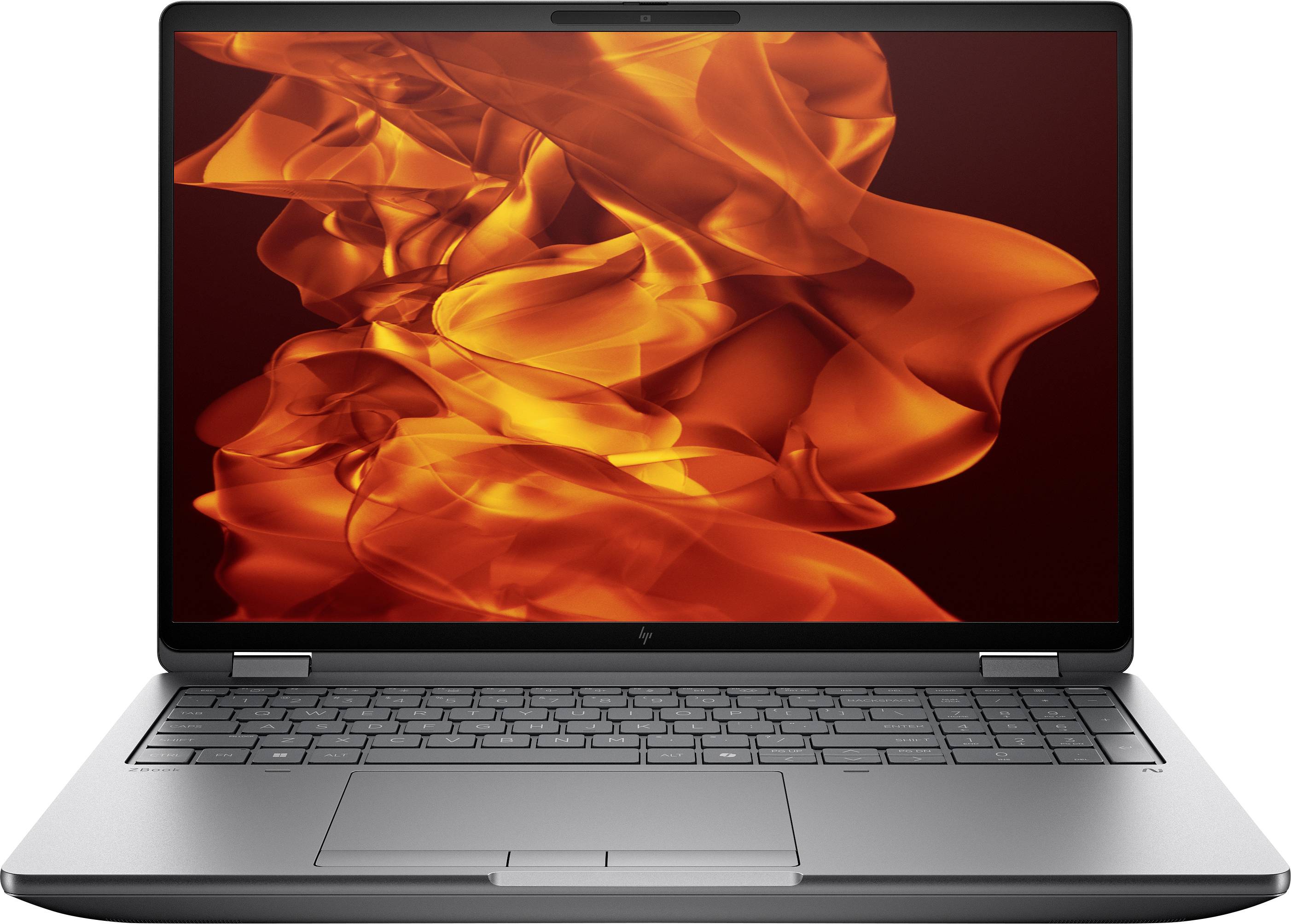 Ein silberner Laptop, geöffnet, mit einem lebhaften orangefarbenen, flammenartigen abstrakten Design auf dem Bildschirm.