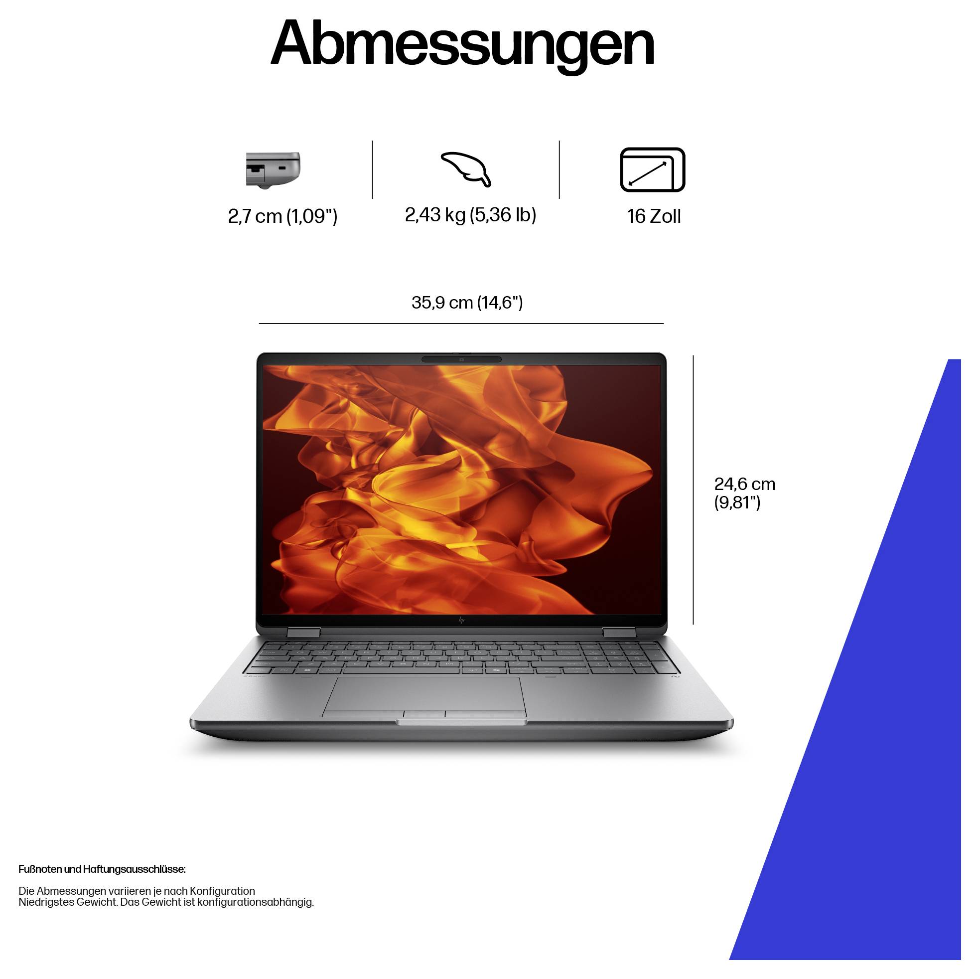 Laptop-Abmessungen: 35,9 cm (14,6 Zoll) breit, 24,6 cm (9,81 Zoll) hoch; 2,7 cm (1,09 Zoll) dick; Gewicht 2,43 kg (5,36 lb); 16-Zoll-Bildschirm.