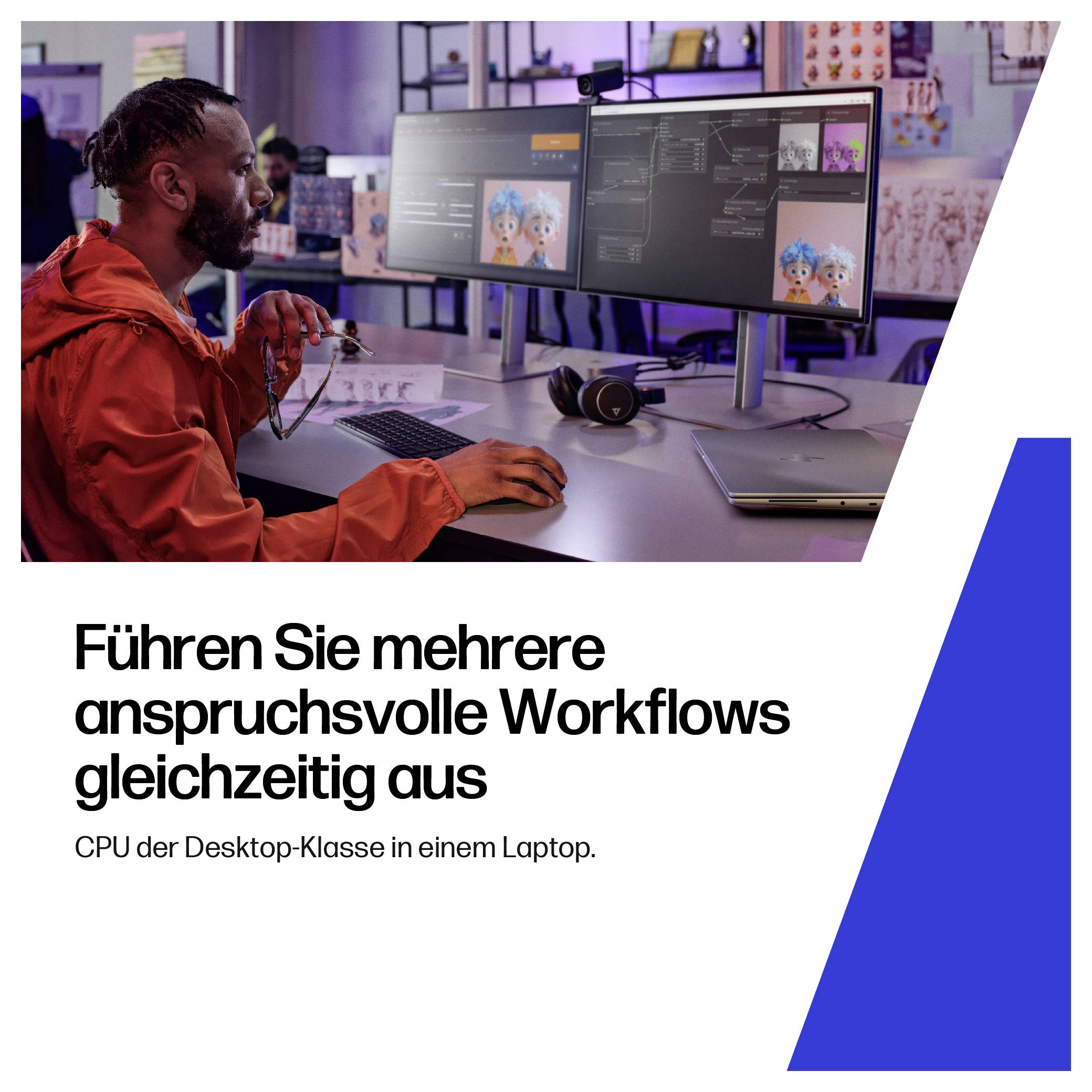Eine Person, die an einem Computer mit mehreren Bildschirmen arbeitet, die technische Inhalte anzeigen. Text lautet: 'Führen Sie mehrere anspruchsvolle Workflows gleichzeitig aus.'