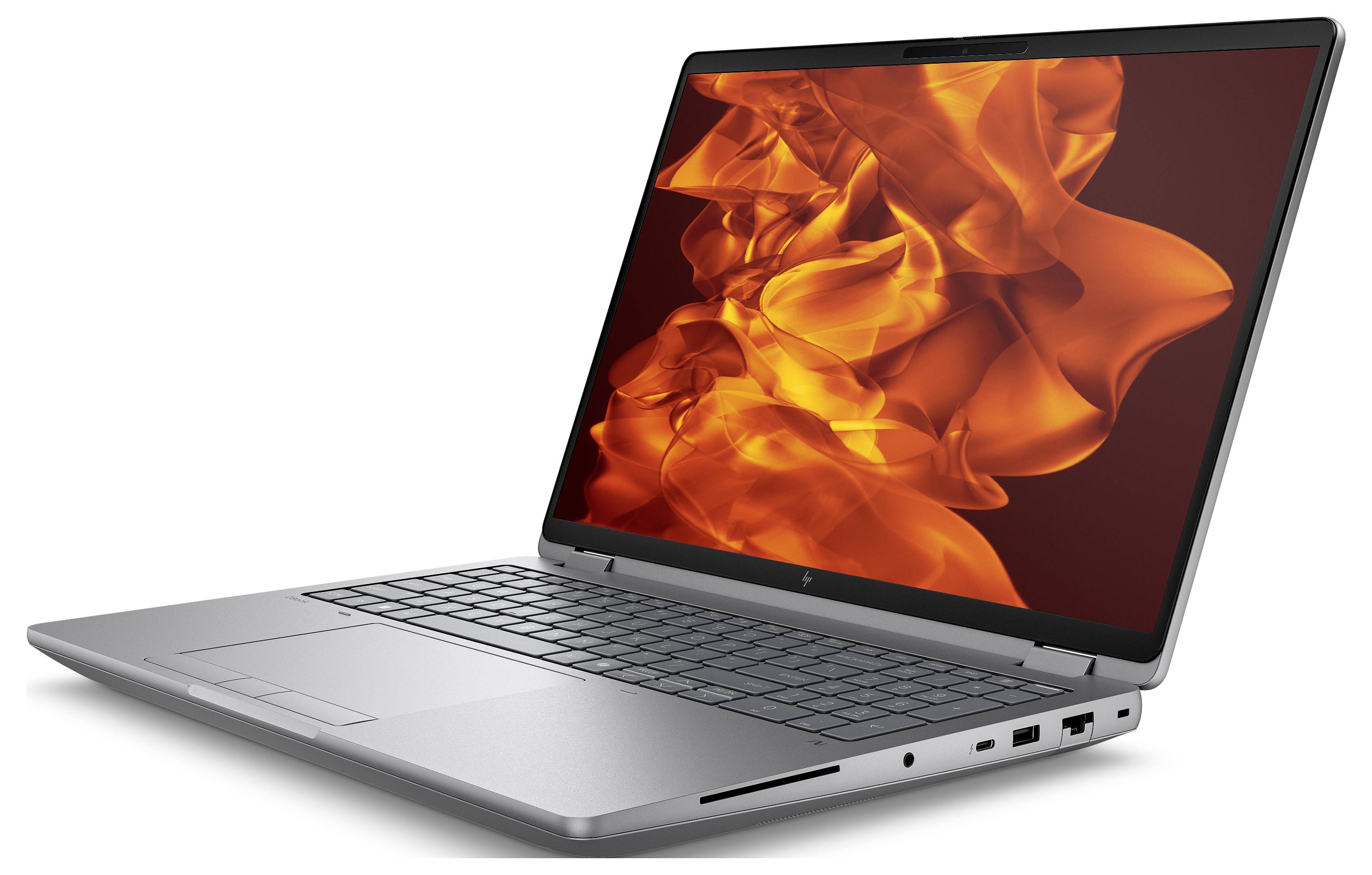 Ein schlankes silbernes Laptop, geöffnet mit einer lebhaften orangefarbenen Flammenanzeige auf dem Bildschirm.
