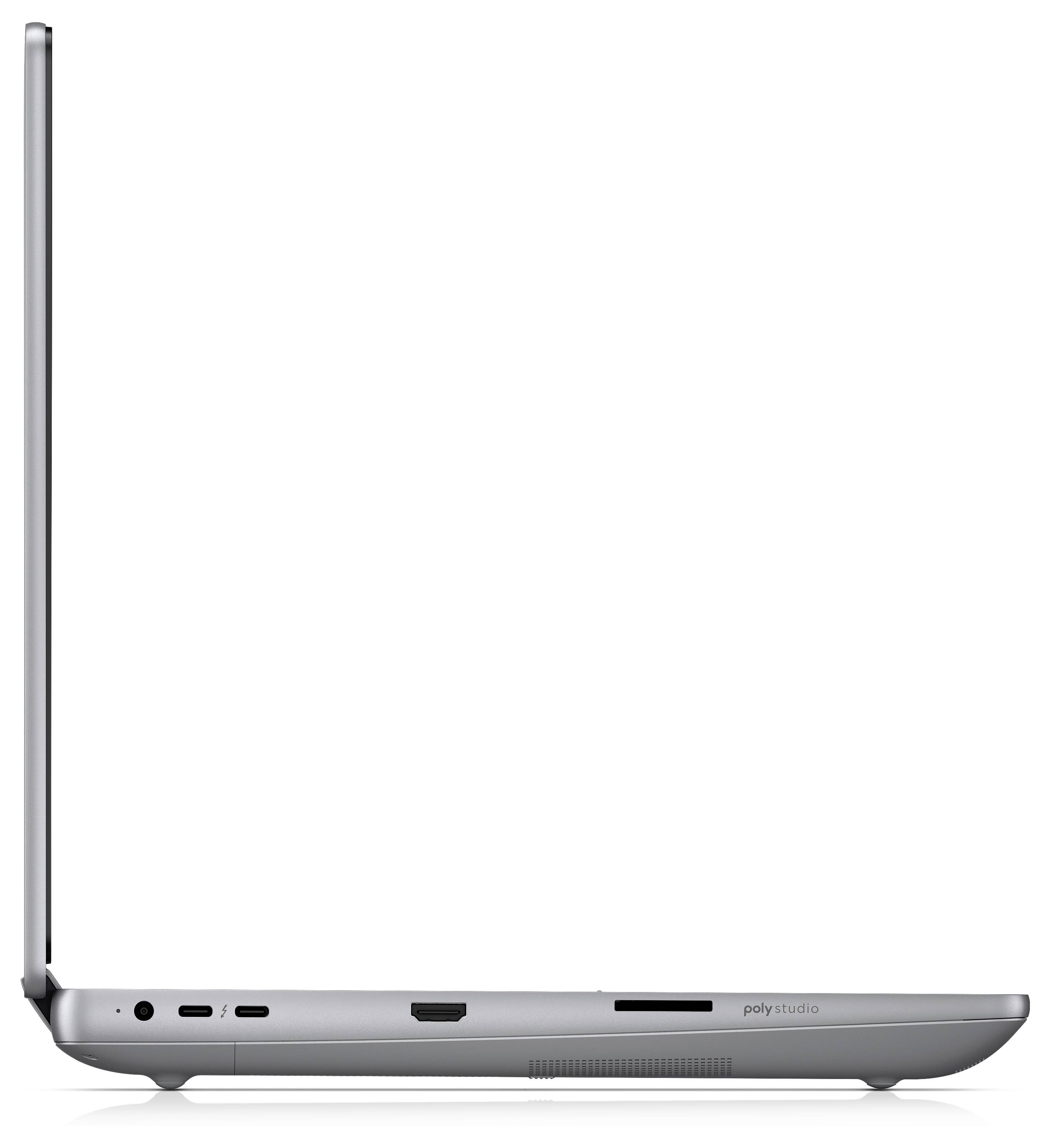 Schlanker silberner Laptop aus Seitenansicht, der seine geschlossene Position zeigt und verschiedene Anschlüsse und Steckplätze entlang des Randes präsentiert.