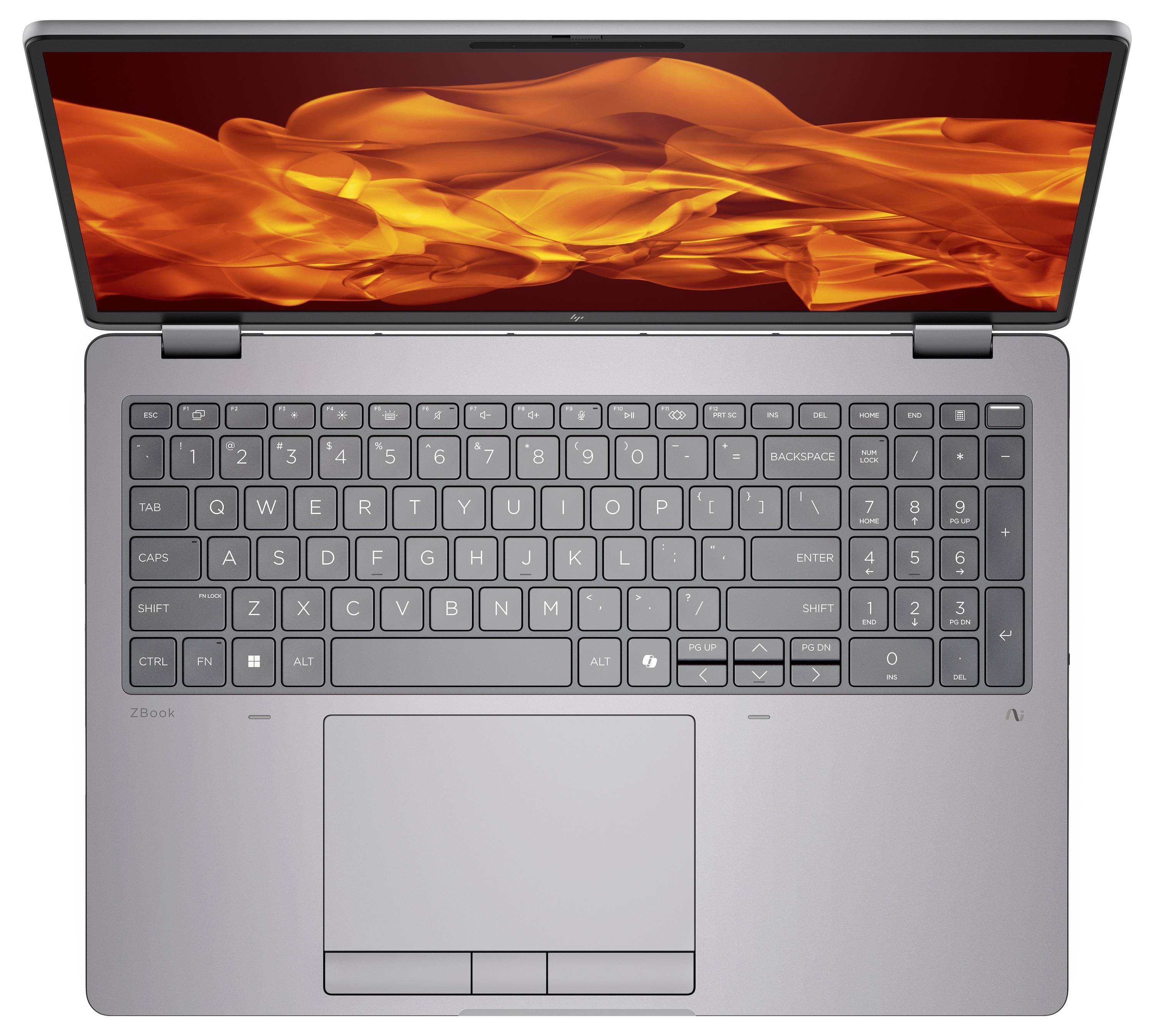 Ein Laptop mit einer silbernen Tastatur und einem lebhaften, wirbelnden orangefarbenen Muster auf dem Bildschirm, von oben betrachtet.