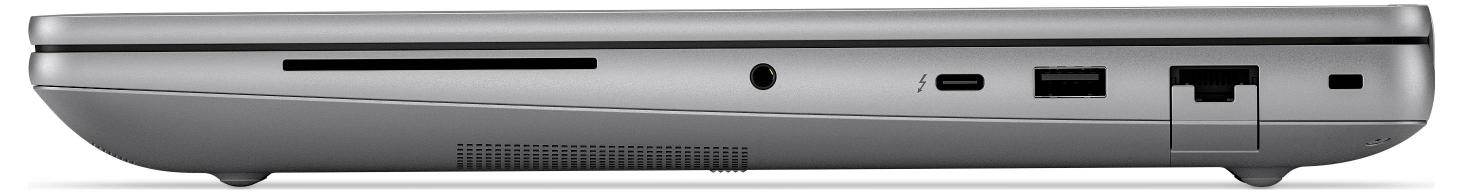 Seitenansicht eines geschlossenen Laptops, die Anschlüsse wie USB, HDMI, Ethernet und einen Kopfhörerbuchsanschluss zeigt und die Konnektivitätsoptionen hervorhebt.