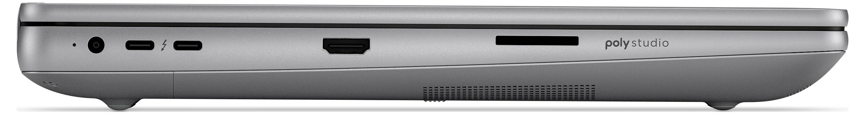 Das Bild zeigt die Seitenansicht eines geschlossenen Laptops mit Anschlüssen einschließlich USB-C, HDMI und SD-Kartensteckplatz, beschriftet mit 'poly studio'.