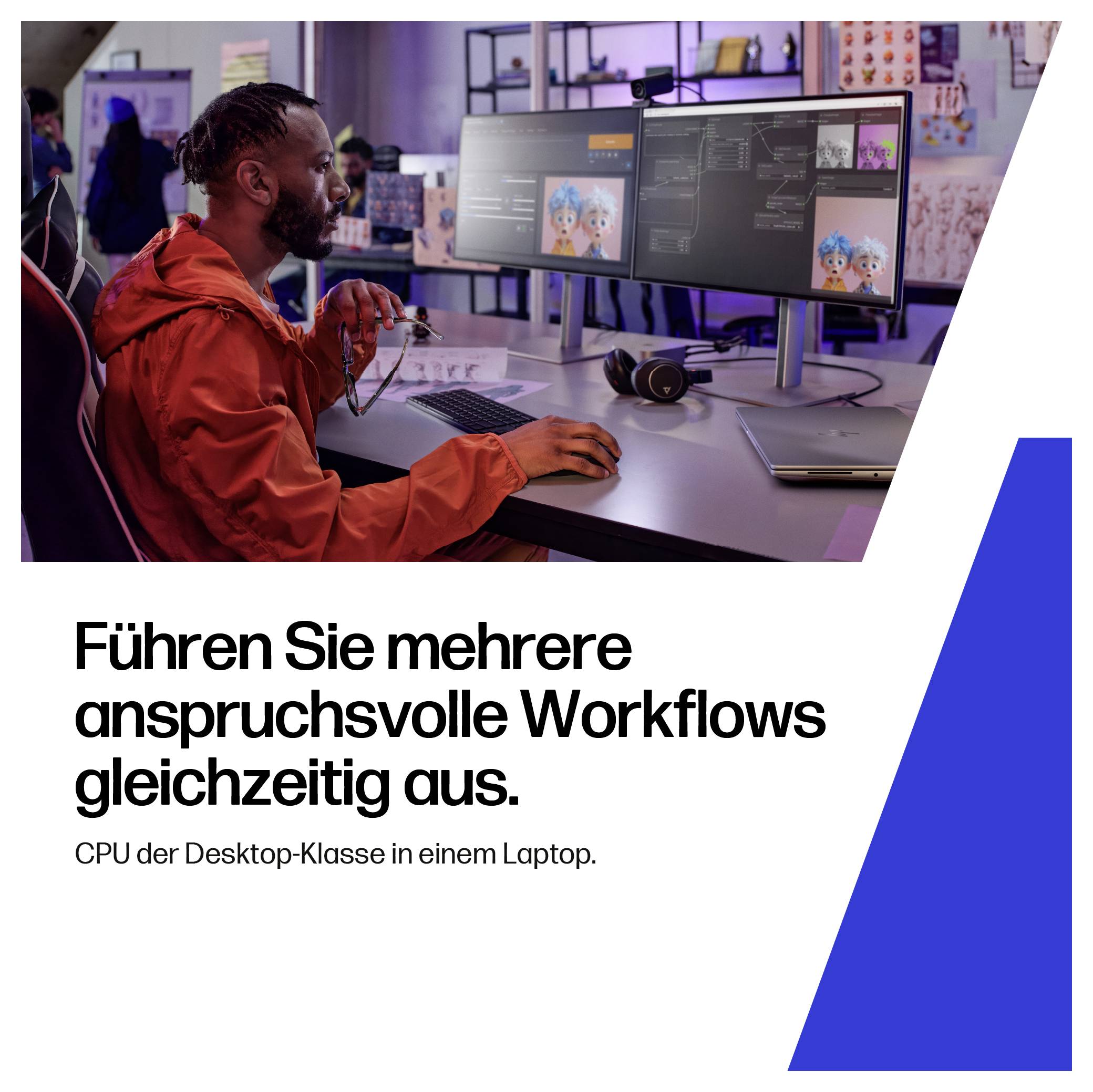 Ein Mann, der einen Computer mit mehreren Bildschirmen verwendet, auf denen komplexe Arbeitsabläufe dargestellt werden; Text auf Deutsch übersetzt: „Mehrere anspruchsvolle Arbeitsabläufe gleichzeitig ausführen.