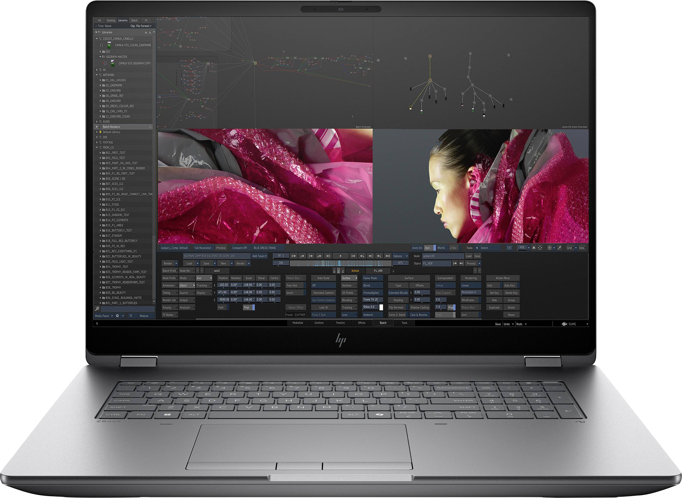 Ein Laptop, der Videobearbeitungssoftware anzeigt, mit mehreren Bedienfeldern, die eine Zeitleiste, Farbeinstellungen und eine Nahaufnahme einer Frau in rosa Stoff zeigt.