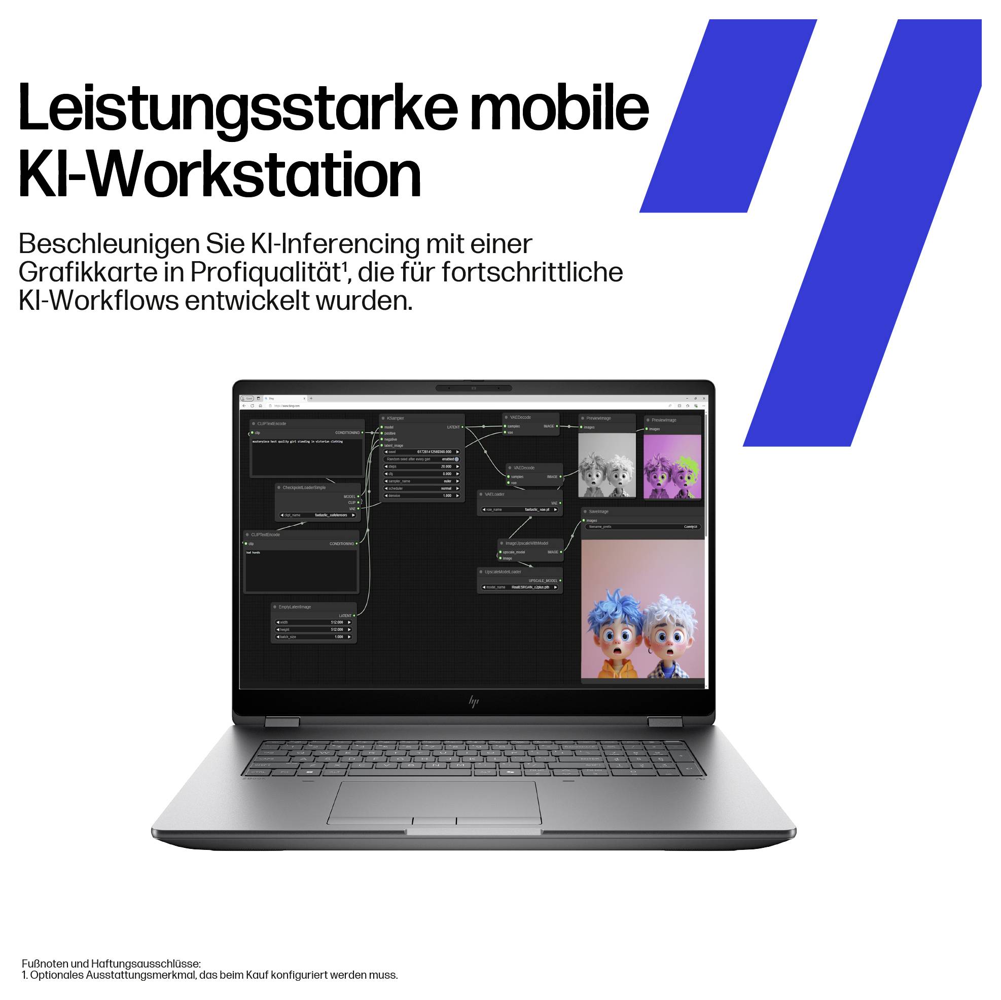 Laptop mit geöffneter Software auf dem Bildschirm, mit der Beschriftung ‚Leistungsstarke mobile KI-Workstation', der die KI-Inferenzfähigkeiten hervorhebt.