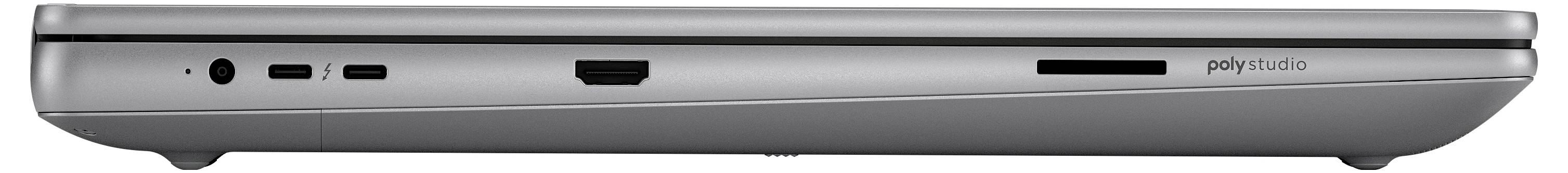 Seitenansicht eines geschlossenen silbernen Laptops mit Anschlüssen für Netzteil, USB-C, HDMI, USB-A und einen microSD-Kartensteckplatz.