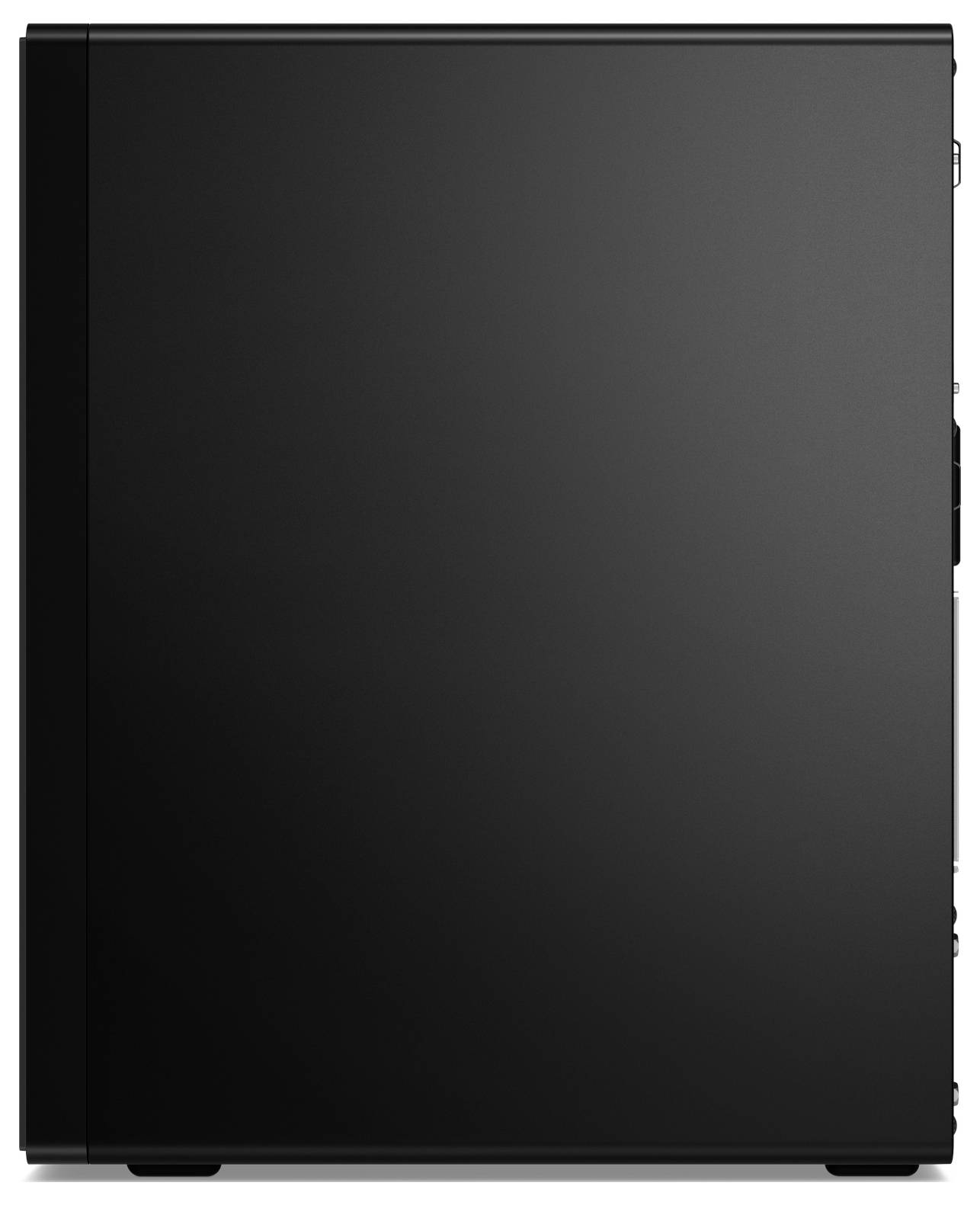 Ein schwarzes Computergehäuse, von der Seite betrachtet, mit einem eleganten, minimalistischen Design ohne sichtbare Markierung oder Merkmale.