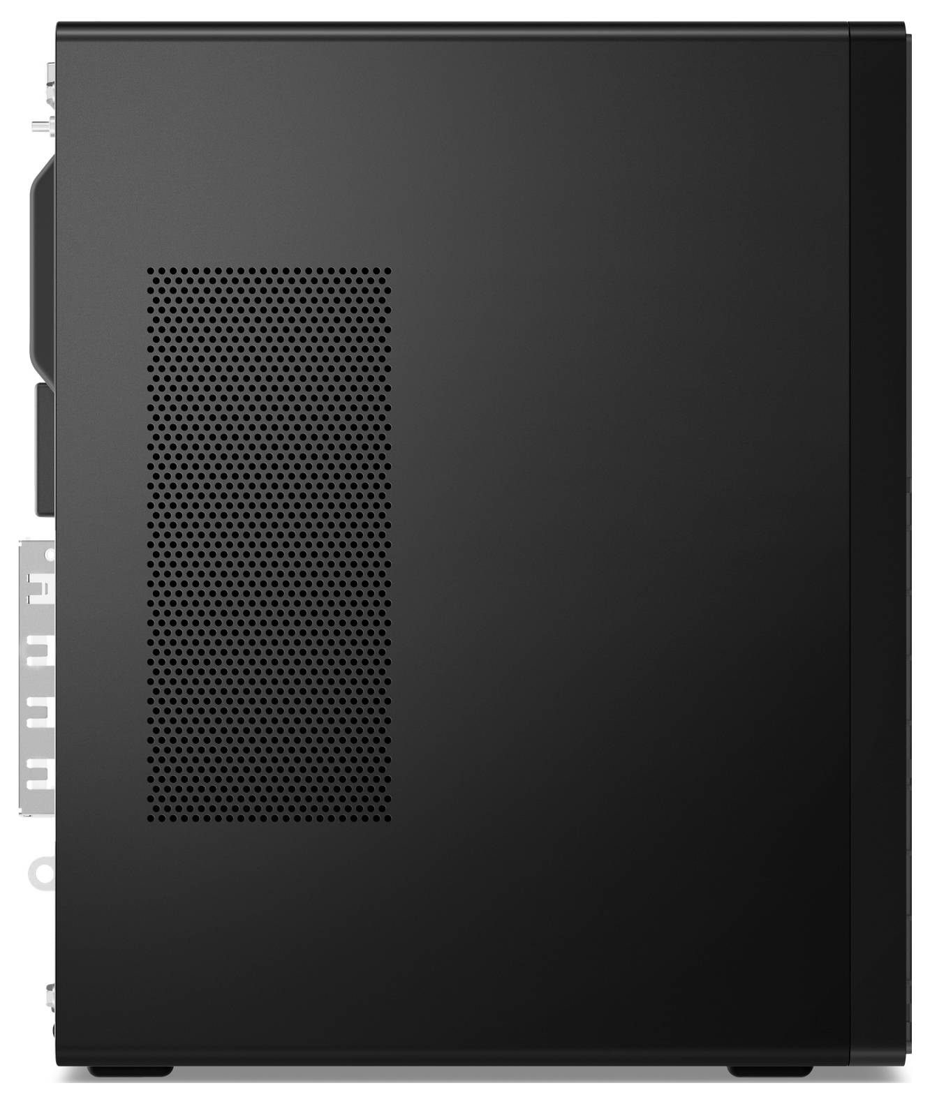 Ein schwarzer Computertower mit einer gelochten Seitenblende für Belüftung; Anschlüsse sind auf der Rückenkante sichtbar.