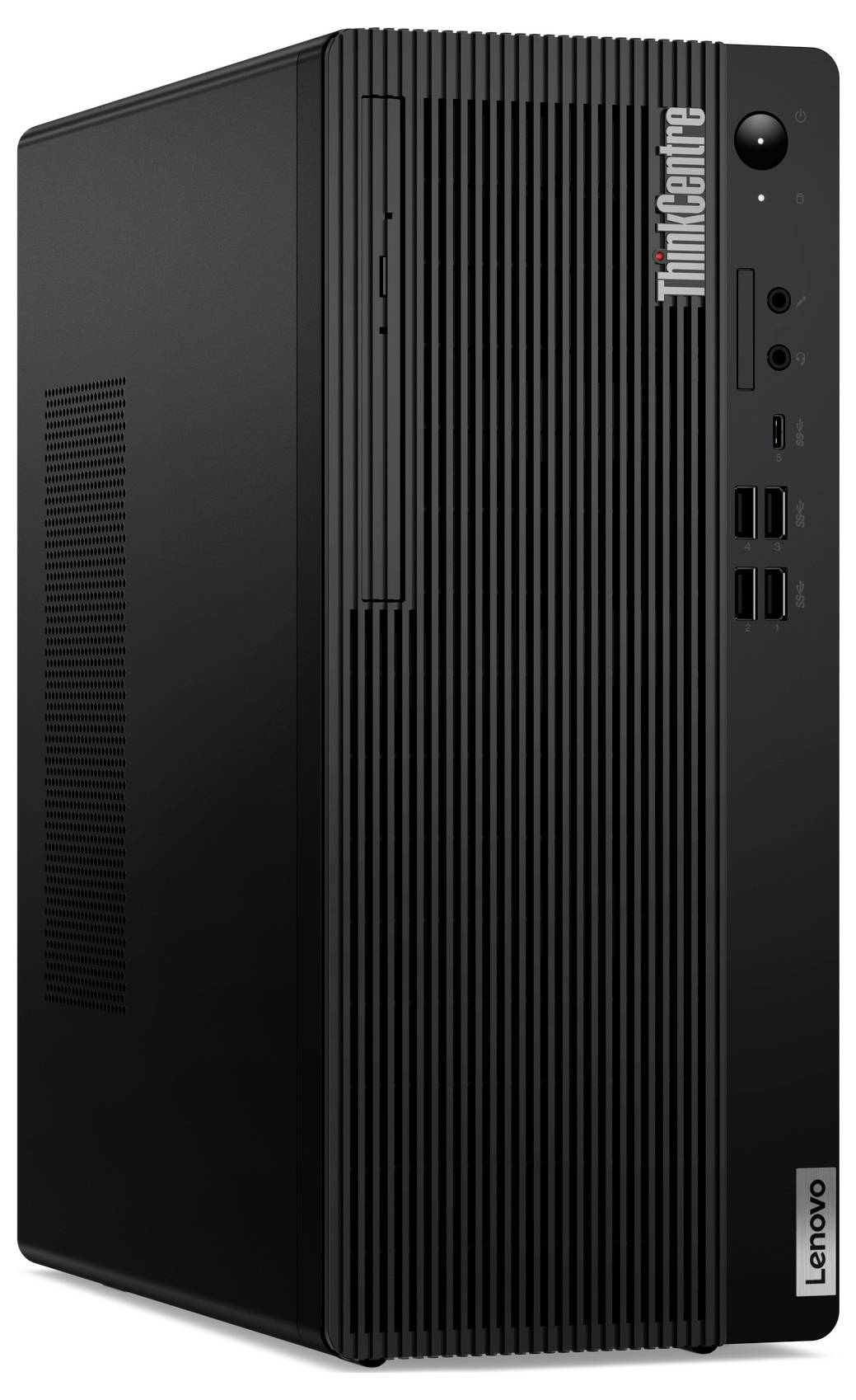 Ein schwarzer Desktop-Computerturm mit vertikalen Lüftungsschlitzen, ausgestattet mit mehreren USB-Anschlüssen und dem Markenlogo in der Nähe der Oberseite.