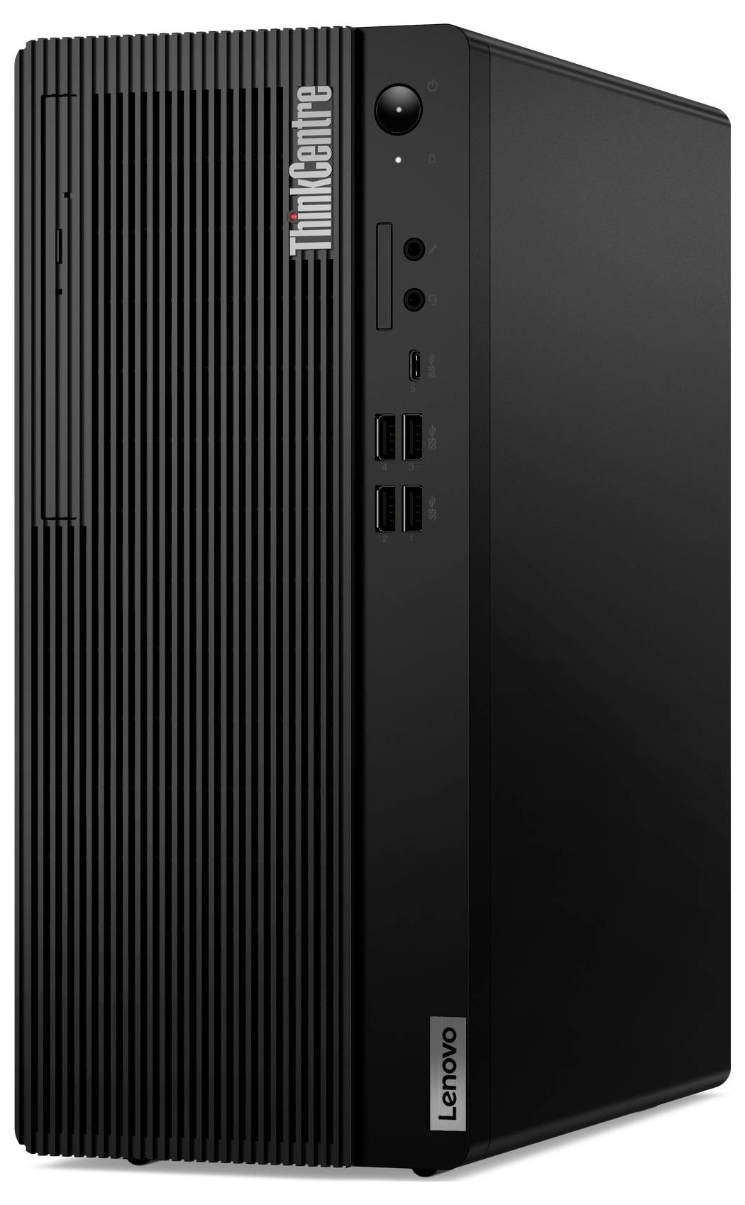 Ein schwarzer Lenovo ThinkCentre Desktop-Tower mit vertikaler Bauweise, auf dessen Frontplatte verschiedene USB-Anschlüsse und ein Einschaltknopf zu sehen sind.