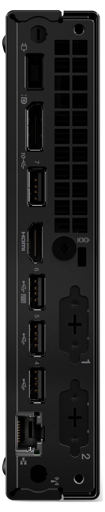 Rückseite eines Computergeräts mit mehreren Anschlüssen, einschließlich HDMI, USB, Ethernet und Stromeingang.