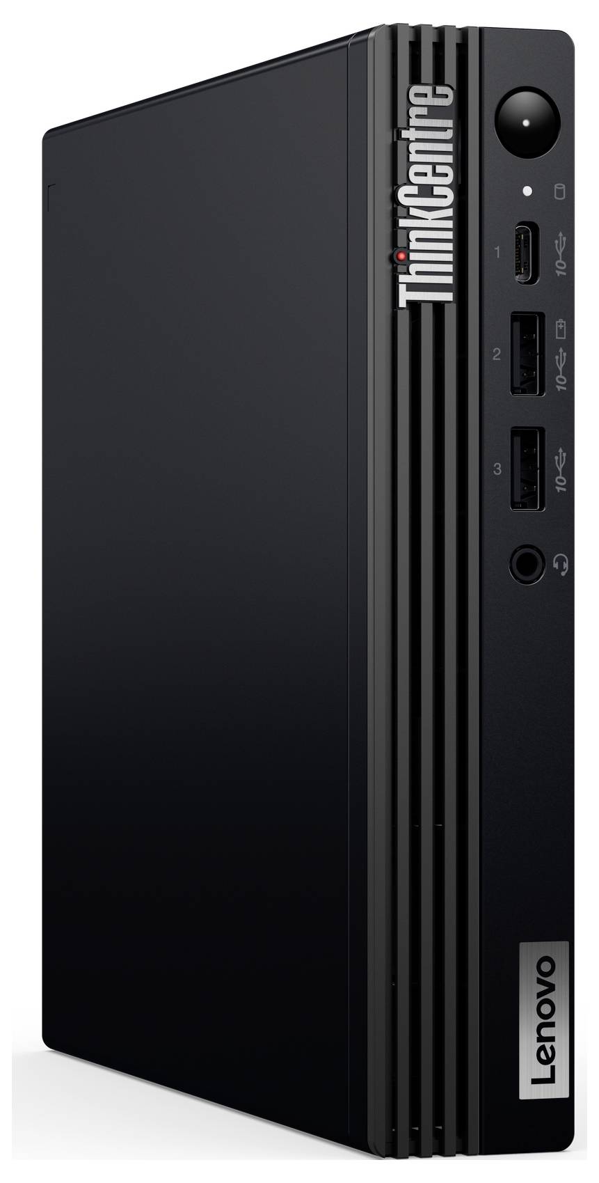 Ein schwarzer Lenovo ThinkCentre Desktop-Computer mit mehreren USB-Anschlüssen, Einschaltknopf und sichtbarem Markenlogo auf der Frontplatte.